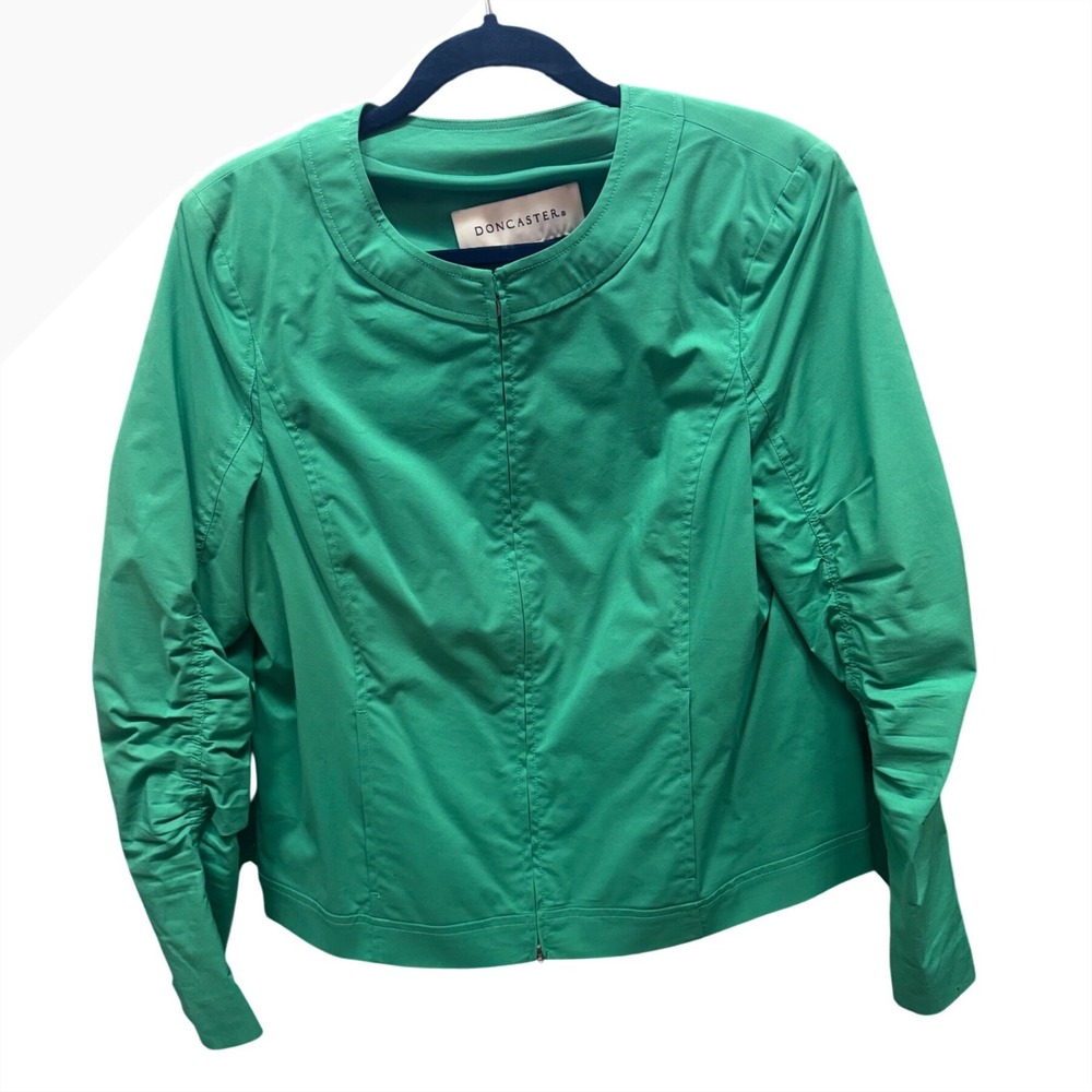 Doncaster Green‎ Ruched Sleeve Zip Front Jacket Collarless Stretch Blazer
